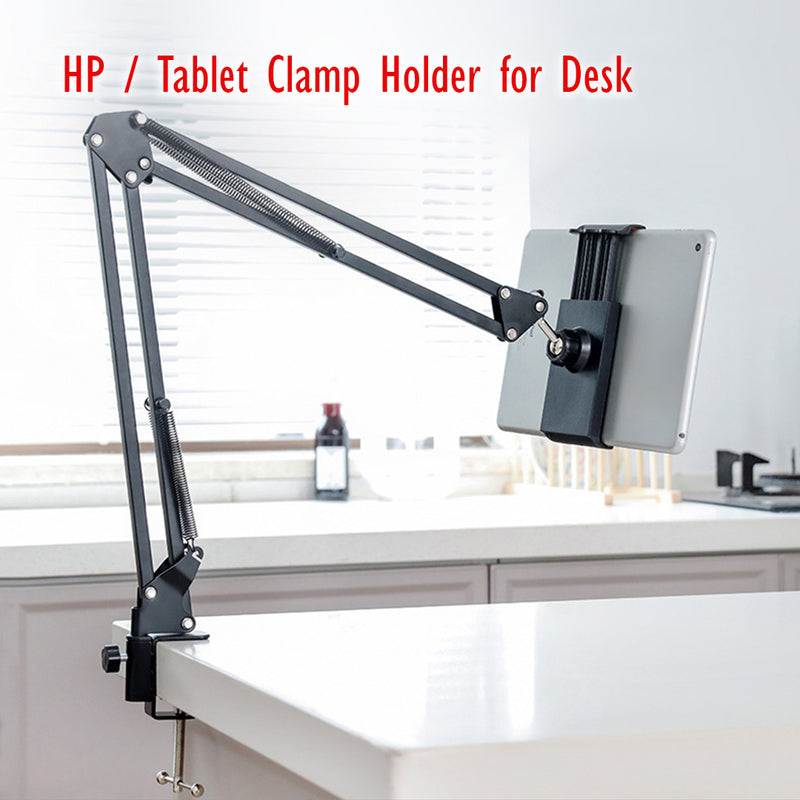 Phone / Tablet Holder Clamp with flexible rotatable long arm and 360° swivel ball head for Desk